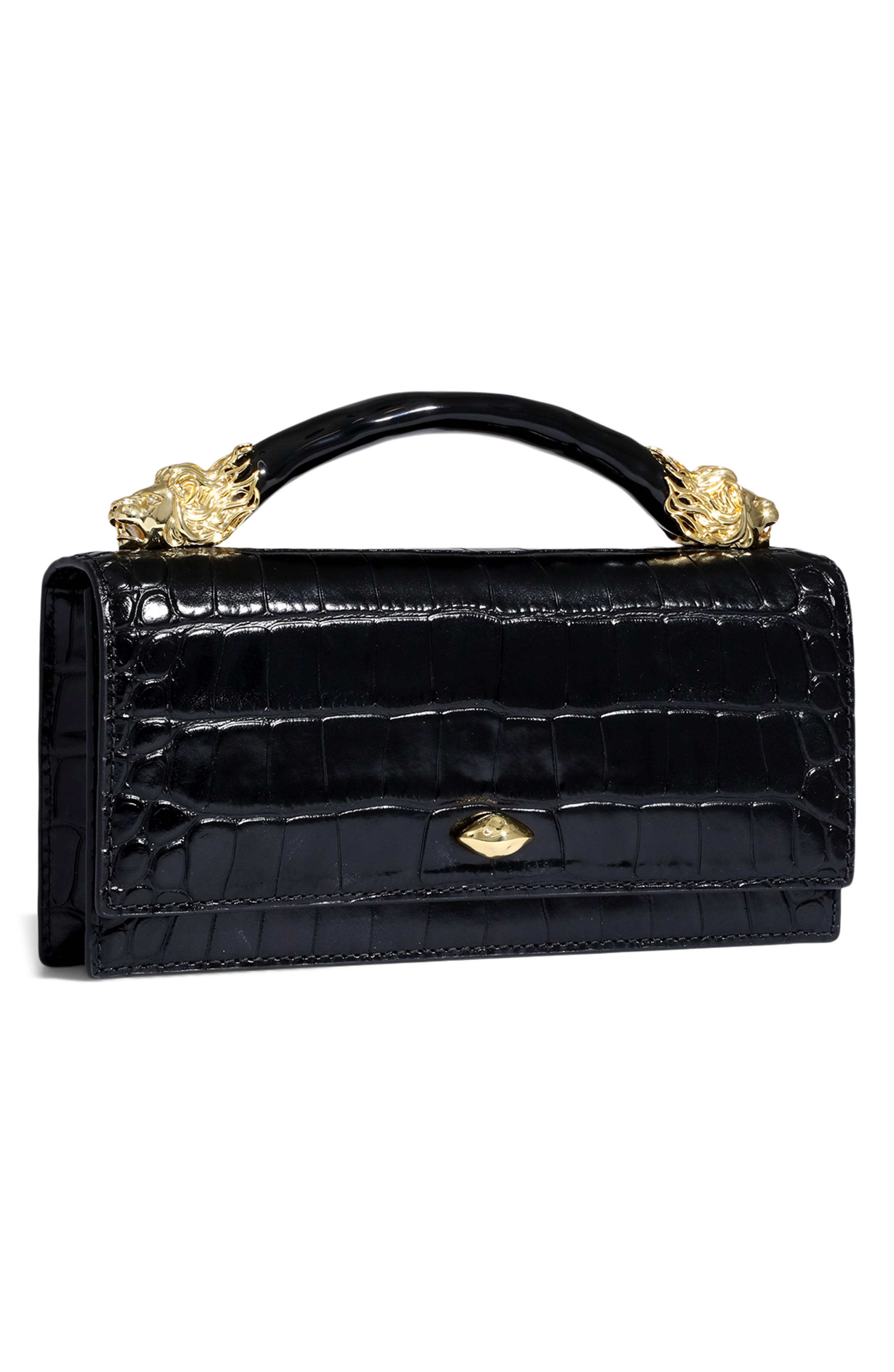 Alexis Bittar Lioness Croc Embossed Leather Bag, Alternate, color, Black