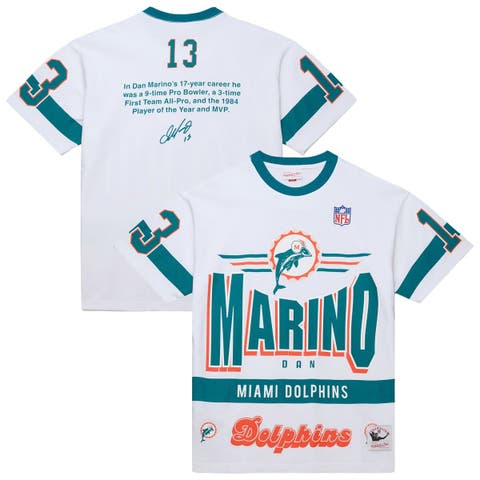 Men's Mitchell & Ness Dan Marino White Miami Dolphins Name & Number Team Origins Vintage Logo T-Shirt