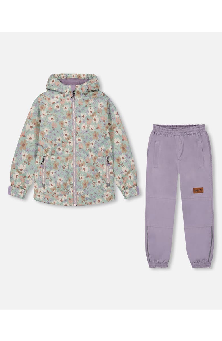 Deux par Deux Little Girl's Printed Jacket Two-Piece Mid-Season Outerwear Set Small White Flowers On Turquoise And Lilac., Main, color,