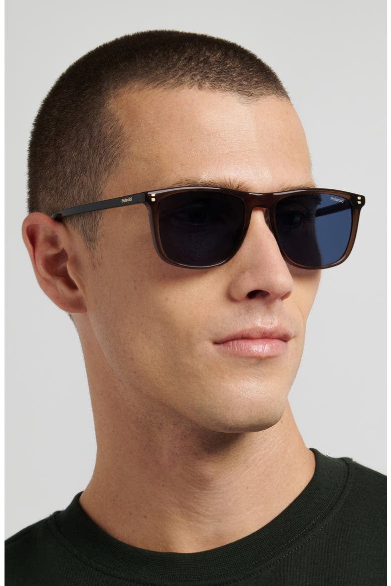 55mm Polarized Rectangular Sunglasses, Alternate, color, BROWN/ BLUE PZ