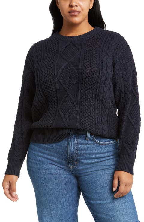 Cable Knit Crewneck Sweater (Plus)