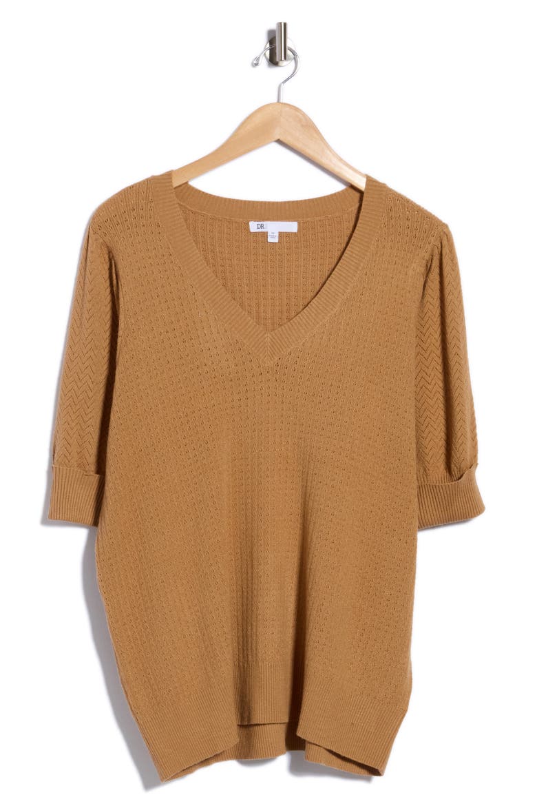 V-Neck Short Sleeve Pointelle Sweater, Alternate, color, P469 APPLE CINNAMON