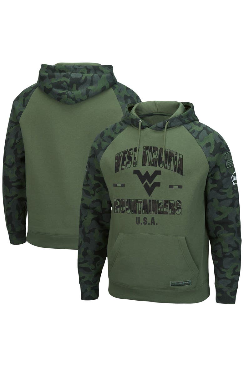 Men's Colosseum Olive/Camo West Virginia Mountaineers OHT Military Appreciation Raglan Pullover Hoodie, Main, color, Olive
