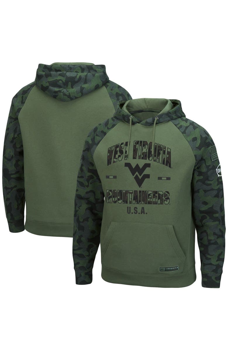 COLOSSEUM Men's Colosseum Olive/Camo West Virginia Mountaineers OHT Military Appreciation Raglan Pullover Hoodie, Main, color, 
