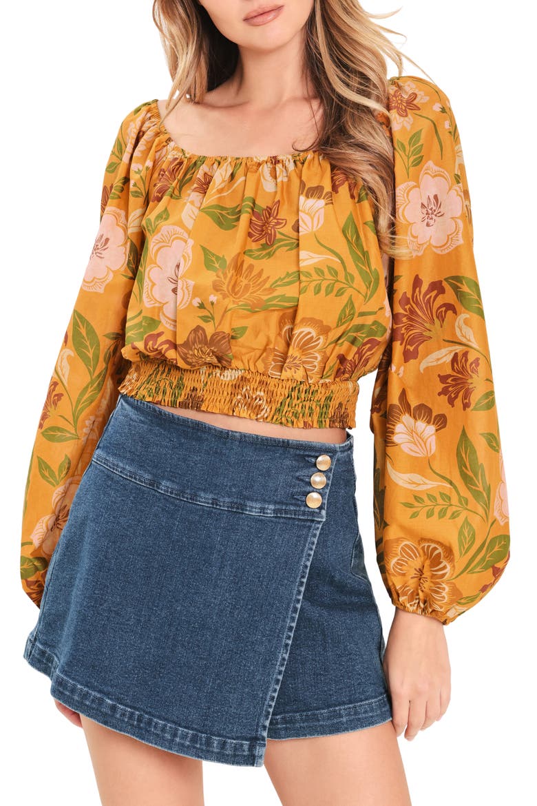 Floral Bishop Sleeve Crop Top, Main, color, MUSTARD