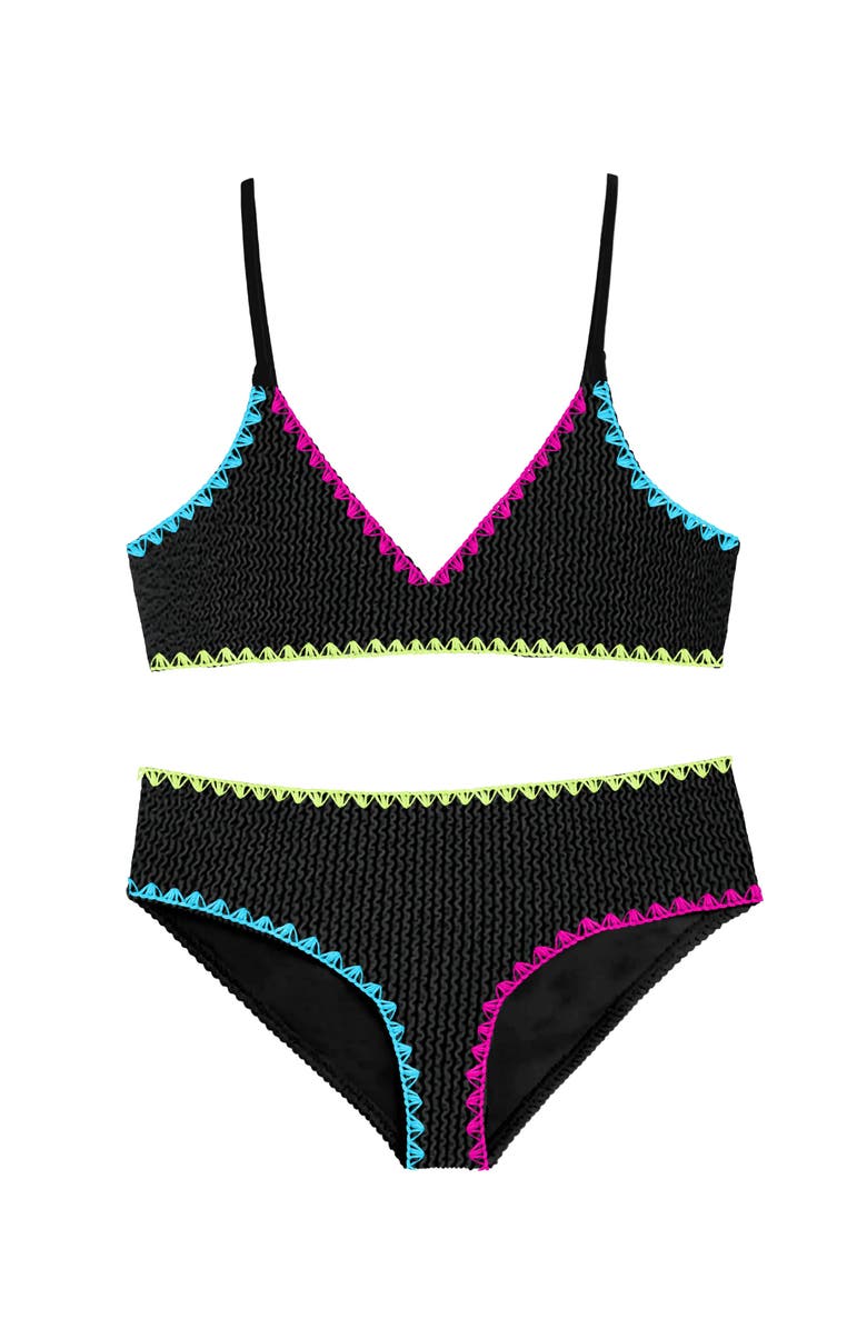 Limeapple Crinkle Triangle Bikini Swimsuit with Embroidered Trim, Main, color, Black/White