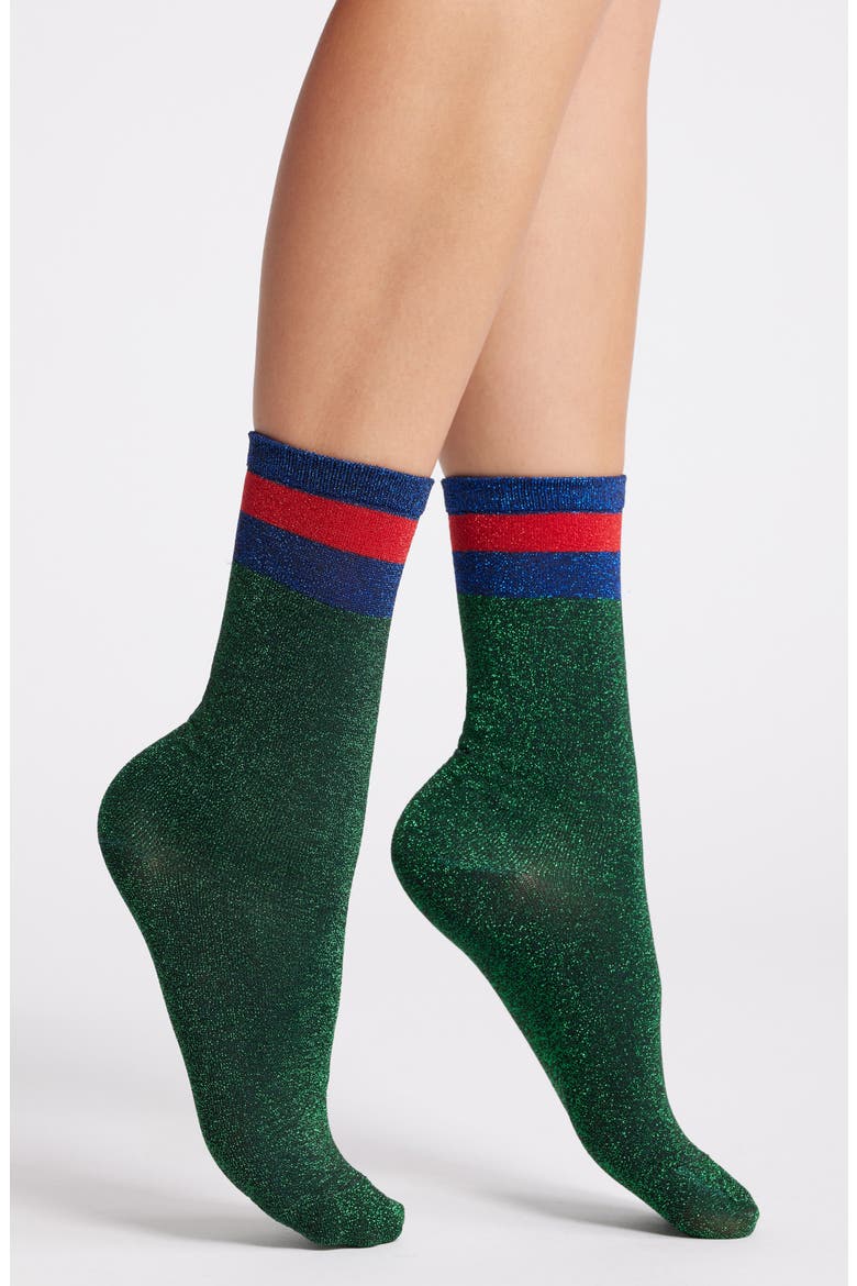 Varsity Metallic Crew Socks, Main, color, GREEN