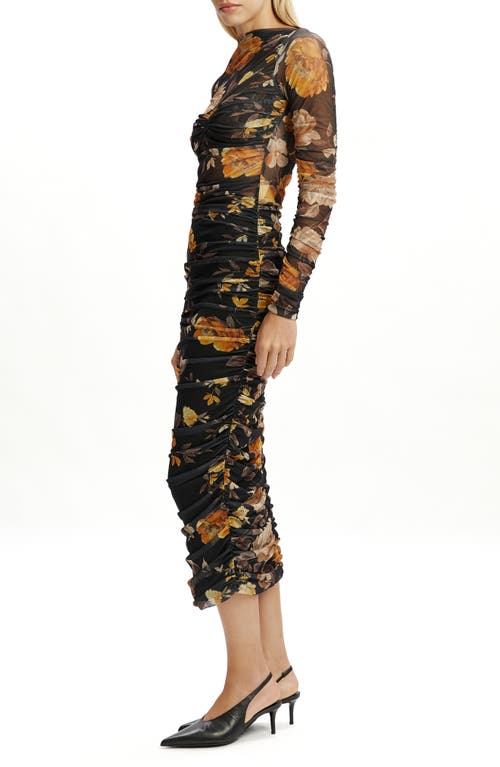 Bardot Althea Floral Long Sleeve Ruched Mesh Midi Dress In Black