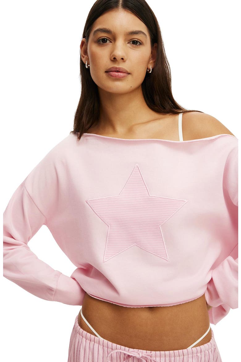 Women's Off The Shoulder Fleece Jumper, Alternate, color, Pink Kiss Star