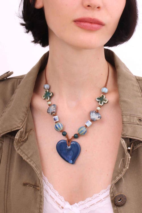 Velvet Luna Ceramic Heart Suede Cord Necklace In Blue