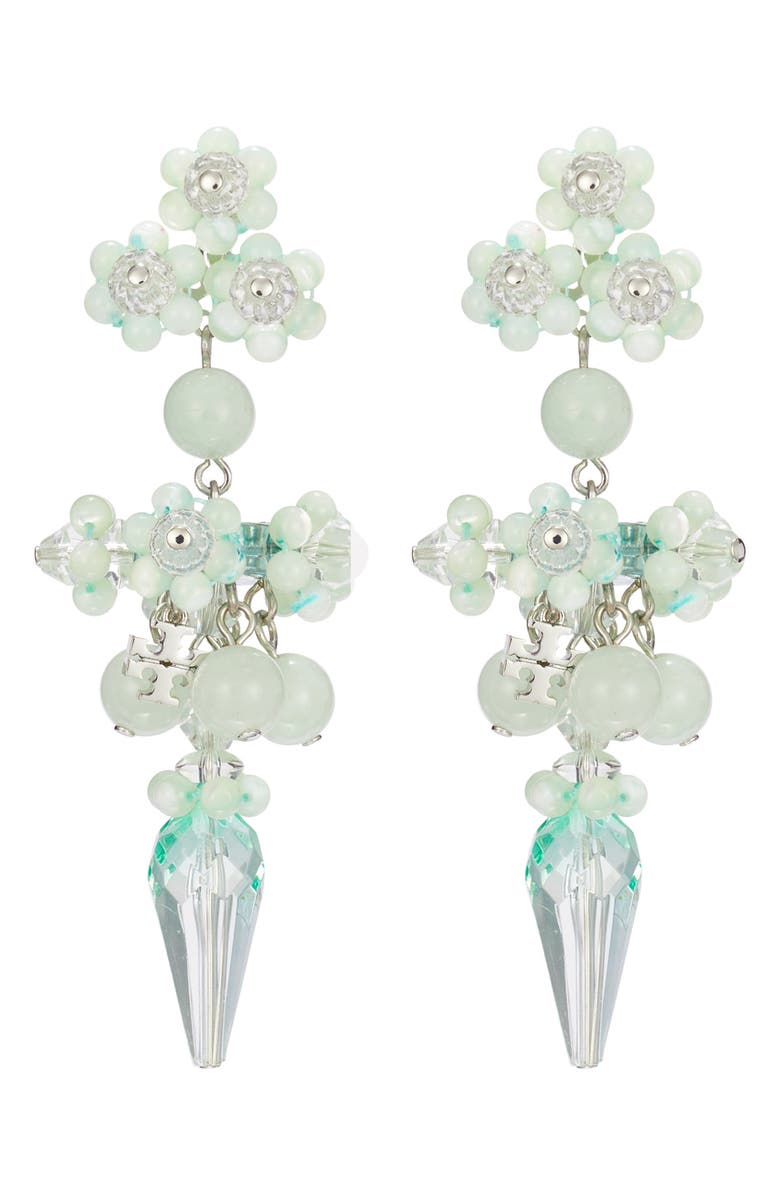 Tory Burch Curiosity Beaded Linear Drop Earrings, Main, color, Tory Silver / Mint