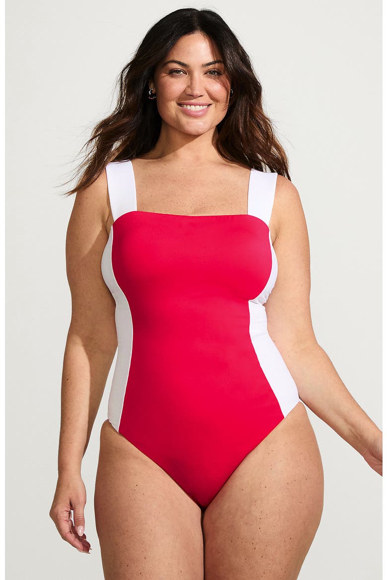 Square Neck High Leg One Piece Swimsuit, Main, color, Coral Rose/White