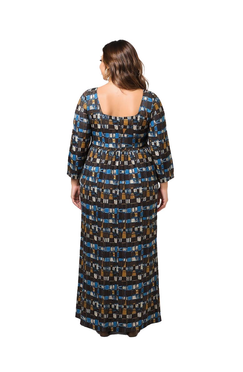 24seven Comfort Apparel Plus Size Geometric Print Long Sleeve Empire Waist Maxi Dress, Alternate, color, Multi