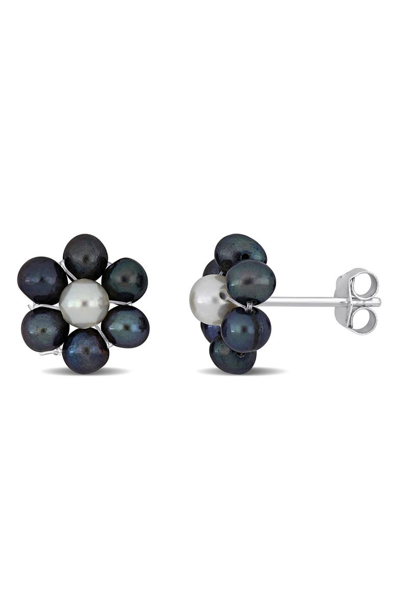 DELMAR Floral Cultured Pearl Stud Earrings, Main, color, Black