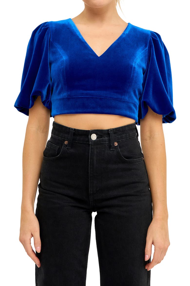 Puff Sleeve Velvet Crop Top, Alternate, color, COBALT BLUE