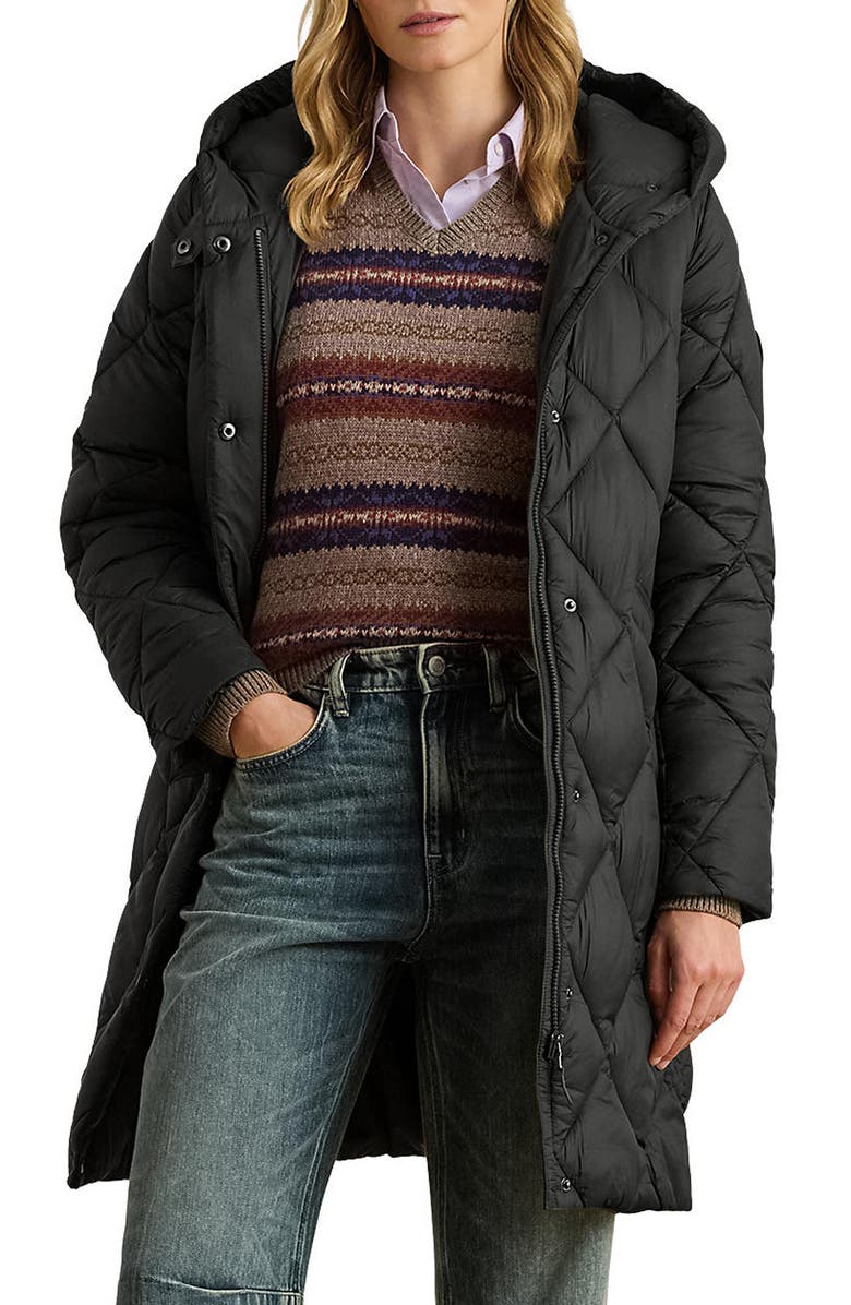 Lauren Ralph Lauren Soft Quilted Hooded Longline Coat, Main, color, Black