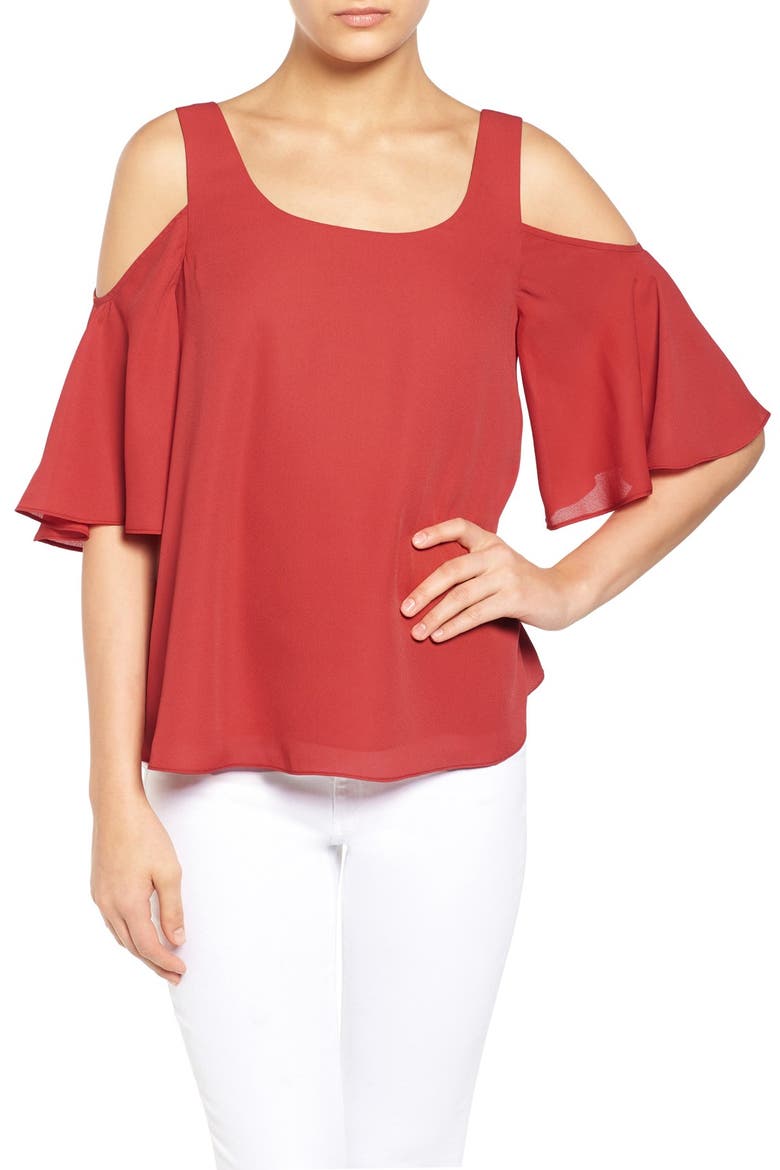 Chiffon Cold Shoulder Top, Main, color, RED CRANBERRY