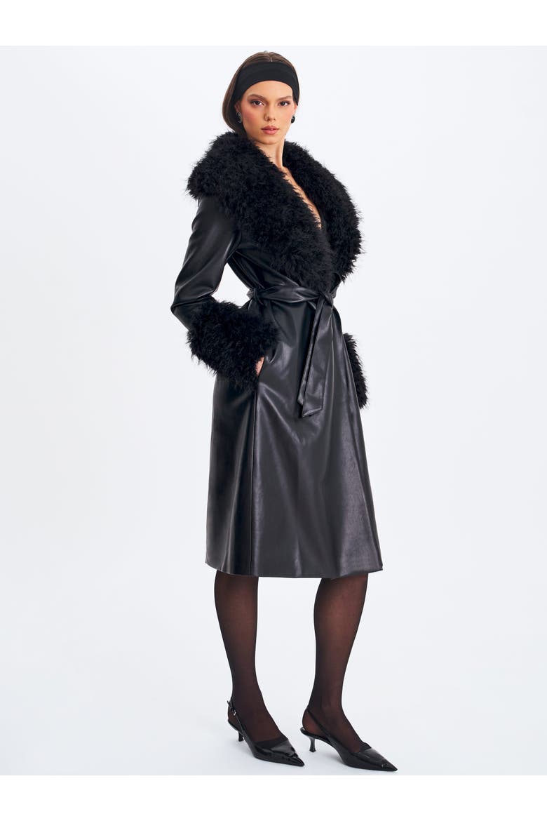 Zariah Faux Fur Trimmed Longline Coat, Alternate, color, Black