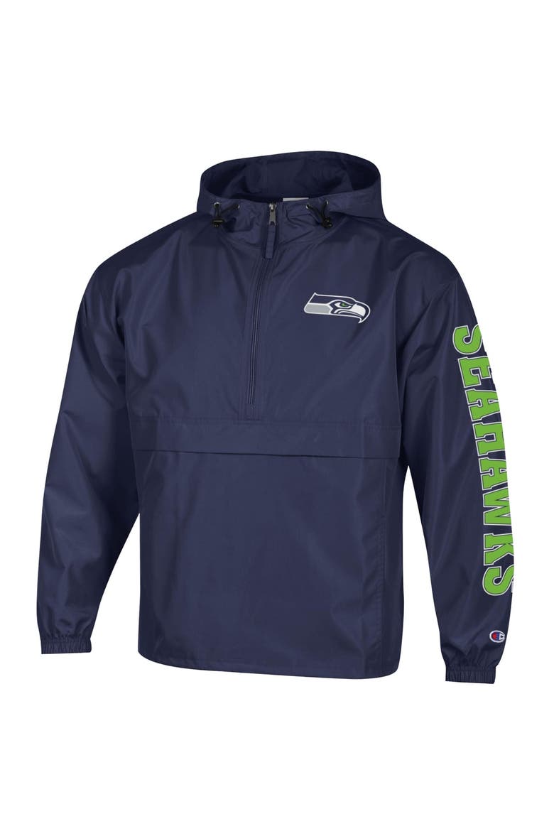 Men's Champion College Navy Seattle Seahawks Packable Hooded Windbreaker Half-Zip Jacket, Alternate, color, College Navy