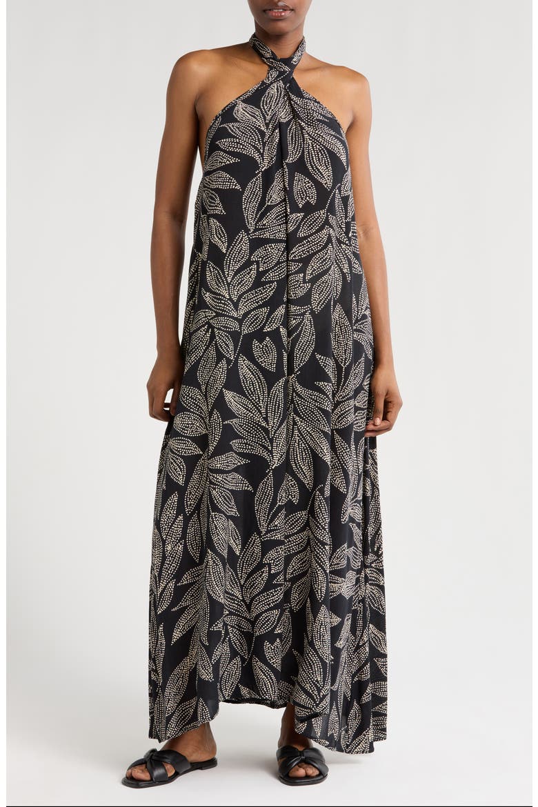 Halter Neck Cover-Up Maxi Dress, Main, color, BLACK CATAGENA PRINT