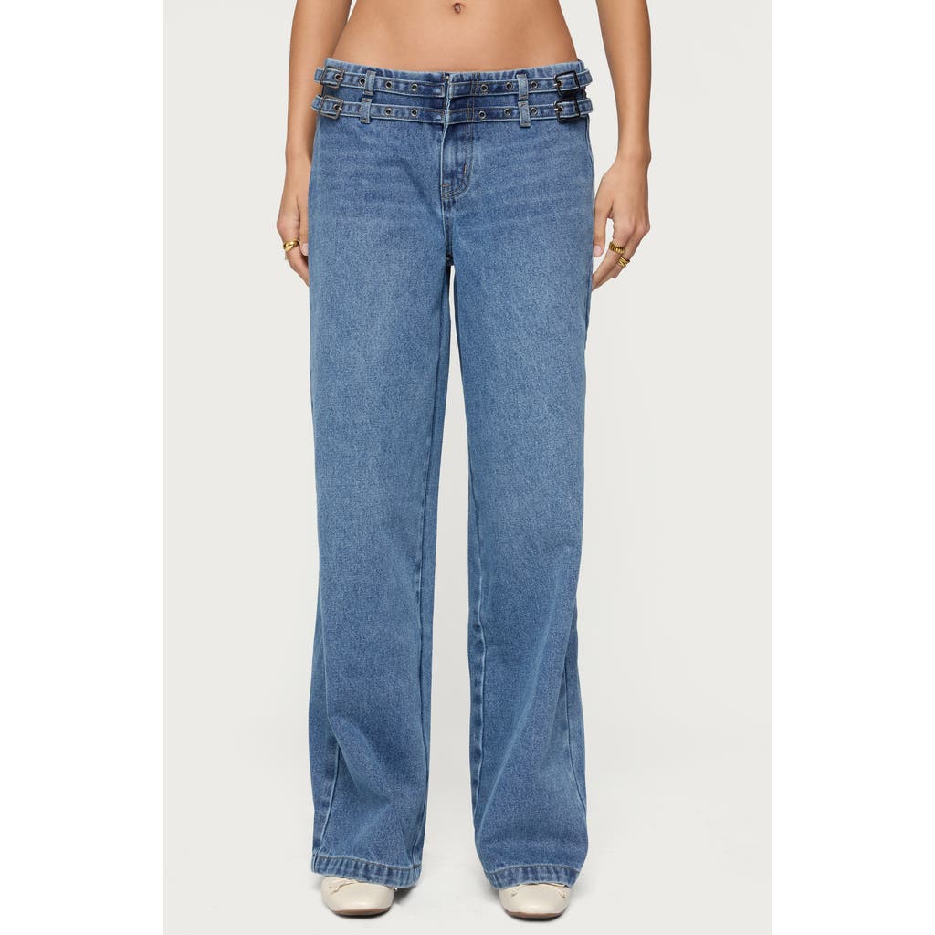 Edikted Livia Double Belted Low Rise Wide Leg Jeans In Blue