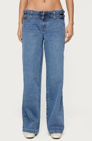 EDIKTED Livia Double Belted Low Rise Wide Leg Jeans