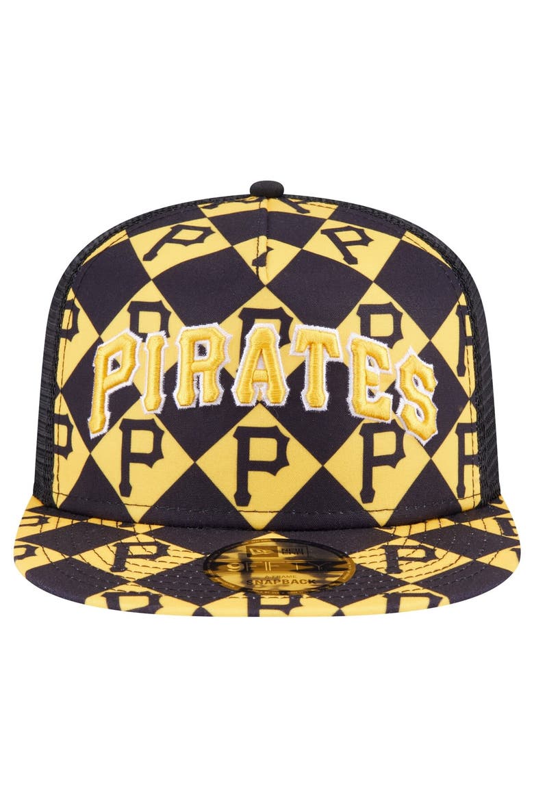 Men's New Era Black Pittsburgh Pirates Seeing Diamonds A-Frame Trucker 9FIFTY Snapback Hat, Alternate, color, Black
