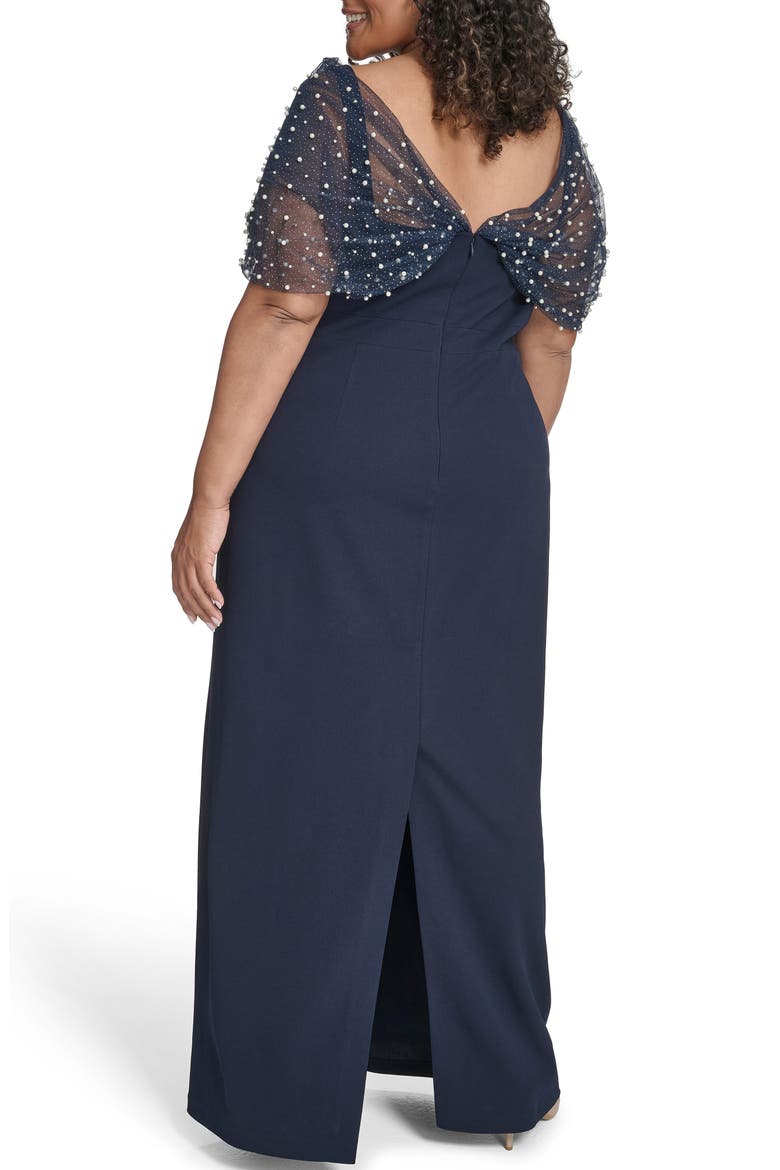 Beaded Mesh Overlay Crepe Column Gown, Alternate, color, NAVY