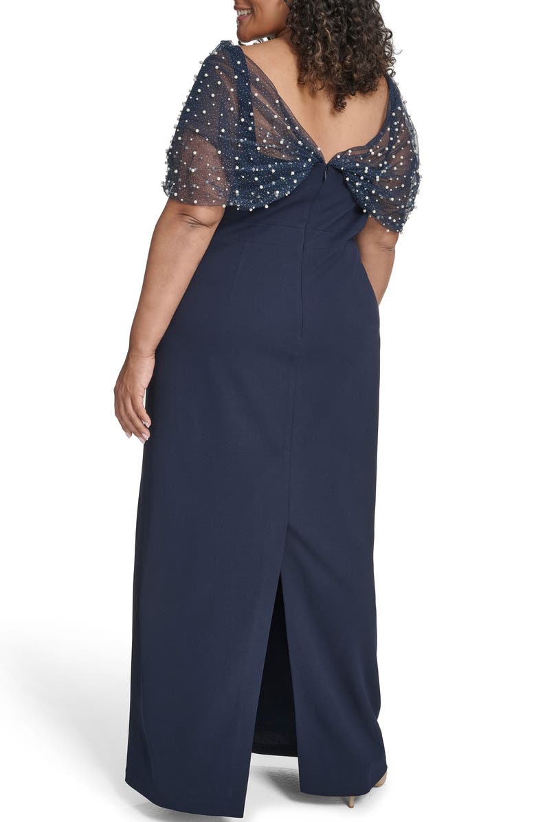 Eliza J Beaded Mesh Overlay Crepe Column Gown, Alternate, color, Navy