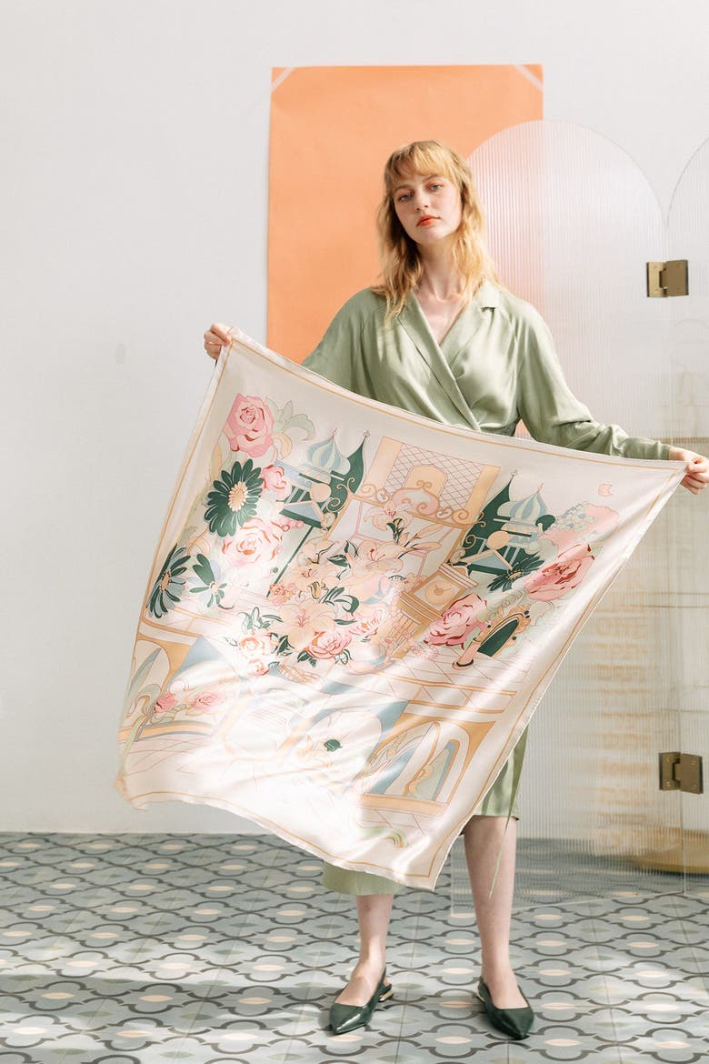 "Vintage Blooms" Large Silk Square Scarf, Alternate, color, Champagne