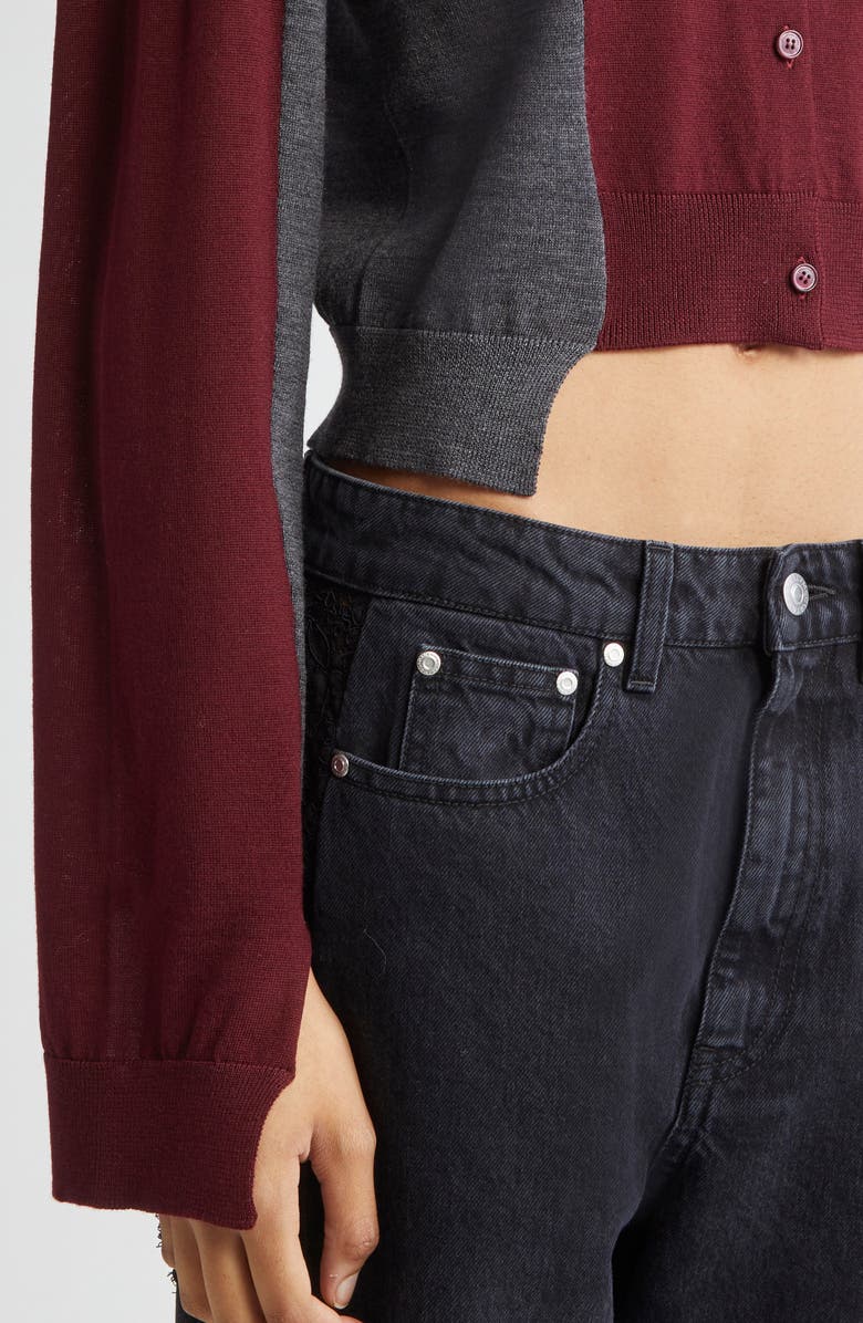 Stella McCartney Spliced Colorblock Virgin Wool Crop Cardigan, Alternate, color, Grey/ Bordeaux