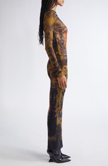 Medallion Print Long Sleeve Mesh Body-Con Dress