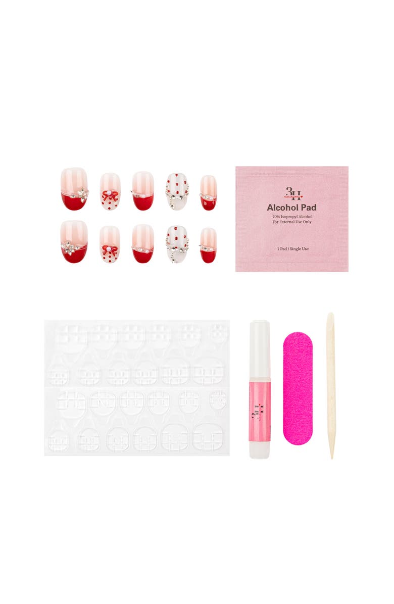 3H Nails Cherry Kiss Luxury Handmade Press On Nails, Alternate, color, Red, White