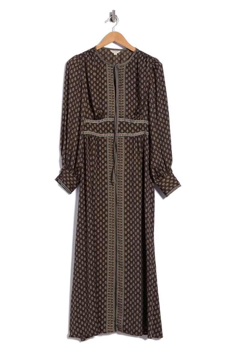 Tie Neck Long Sleeve Maxi Dress, Main, color, CHOCOLATE MOUSSE MINI FOULARDS