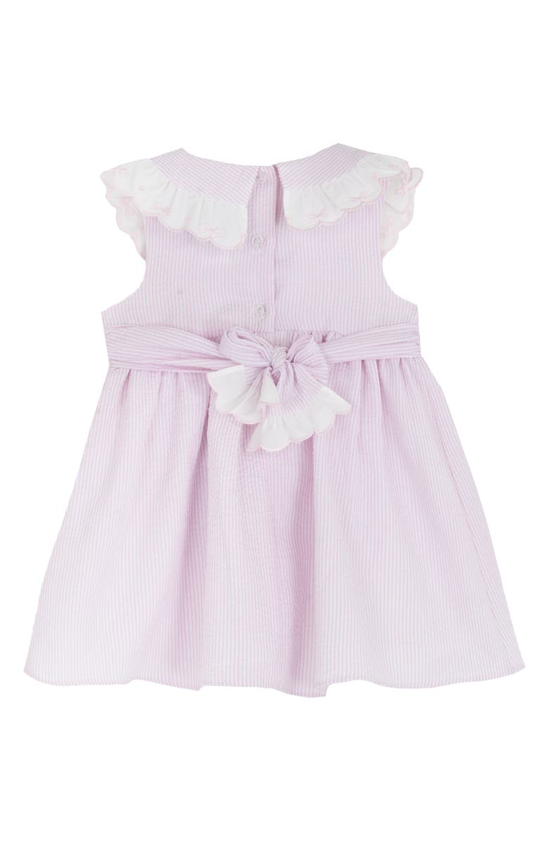 Rare Editions Dainty Bows Scallop Collar Seersucker Dress & Bloomers Set, Alternate, color, Pink