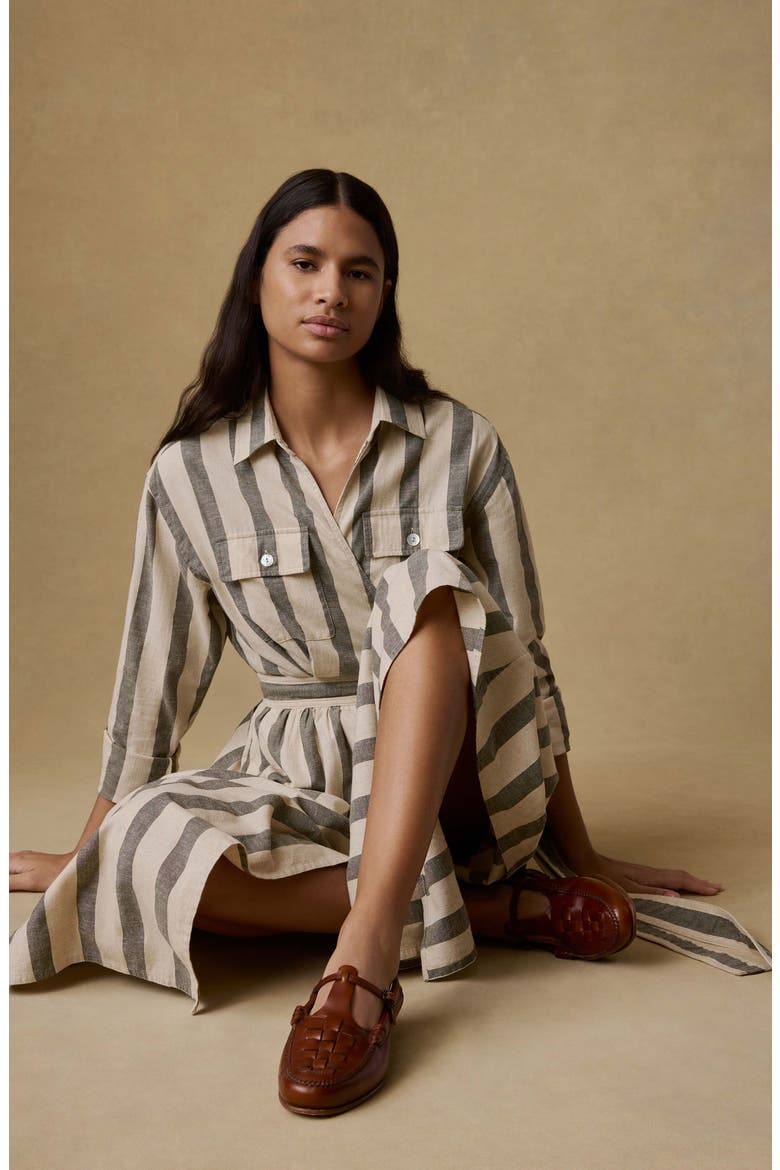 Julia Stripe Long Sleeve Organic Cotton & Linen Blend Wrap Shirtdress, Alternate, color, PINE BAY STRIPE