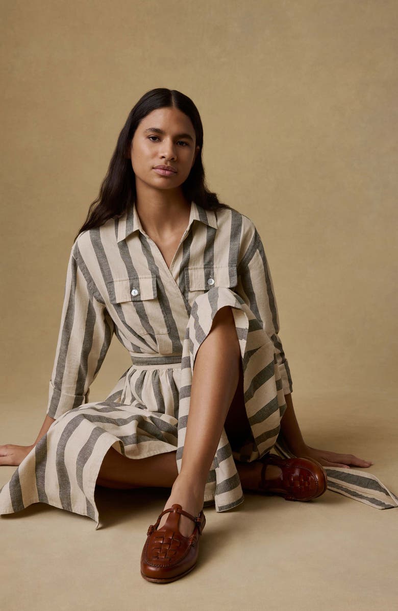 Faherty Julia Stripe Long Sleeve Organic Cotton & Linen Blend Wrap Shirtdress, Alternate, color, Pine Bay Stripe