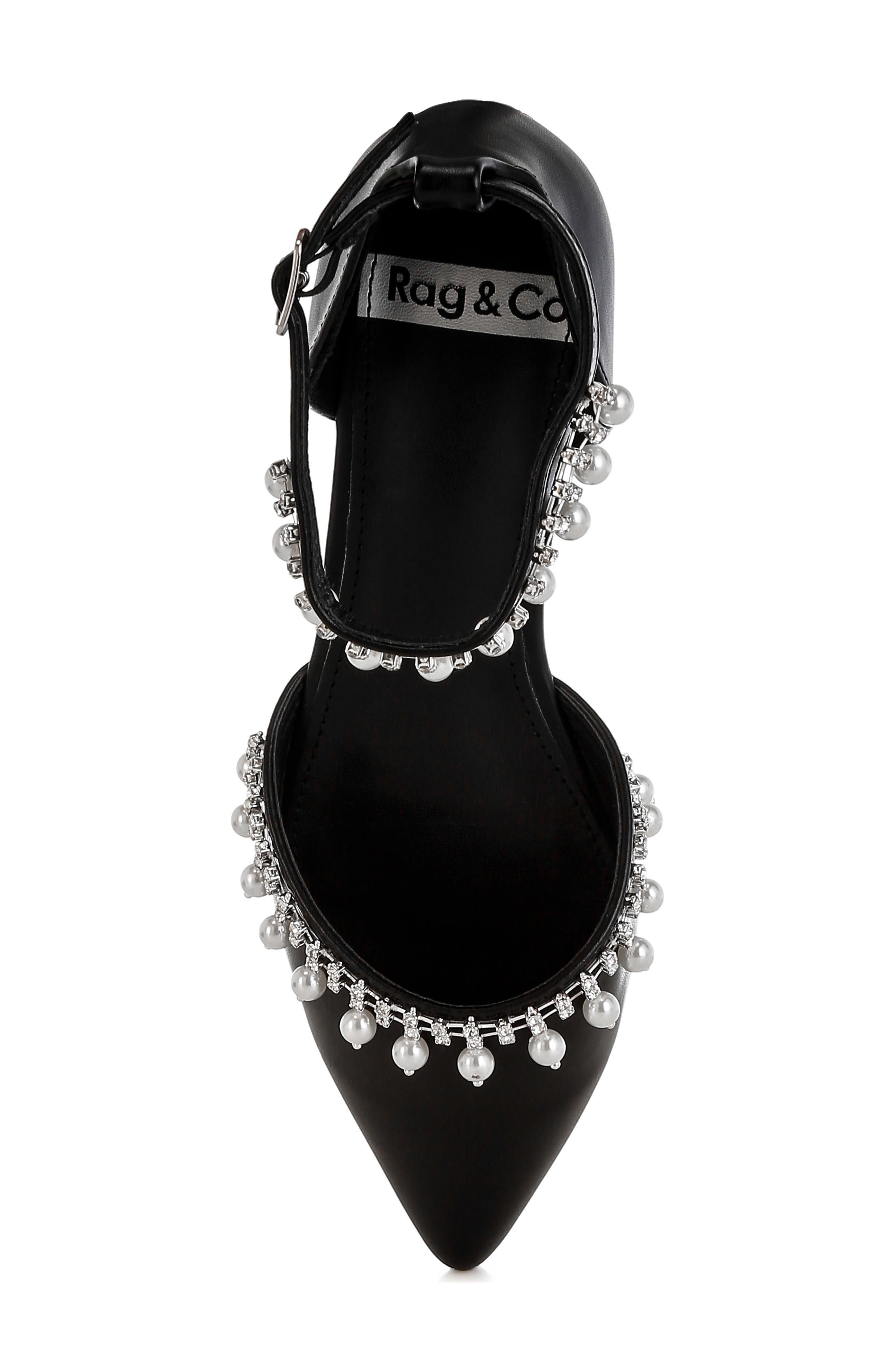 Rag & Co Aouva Rhinestone & Faux Pearl Almond Toe Flat, Alternate, color, Black