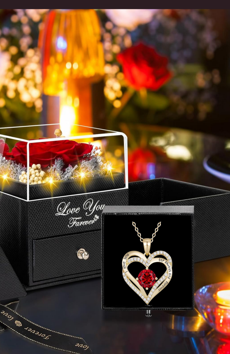 Lovery Valentines Preserved Red Rose with LED Lights & 14K Gold Plated Double Heart Ruby Necklace, Alternate, color, Black, Red