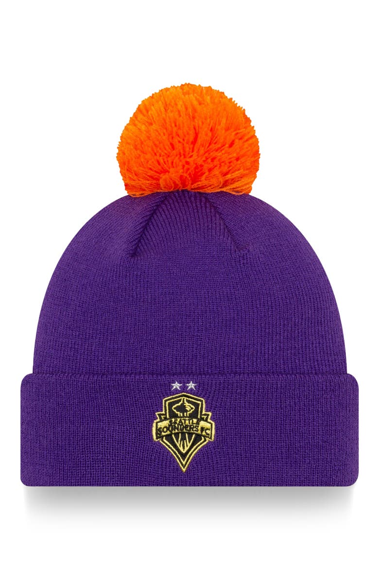 Men's New Era Purple Seattle Sounders FC 2021 Jersey Hook Cuffed Knit Hat with Pom, Main, color, PURPLE
