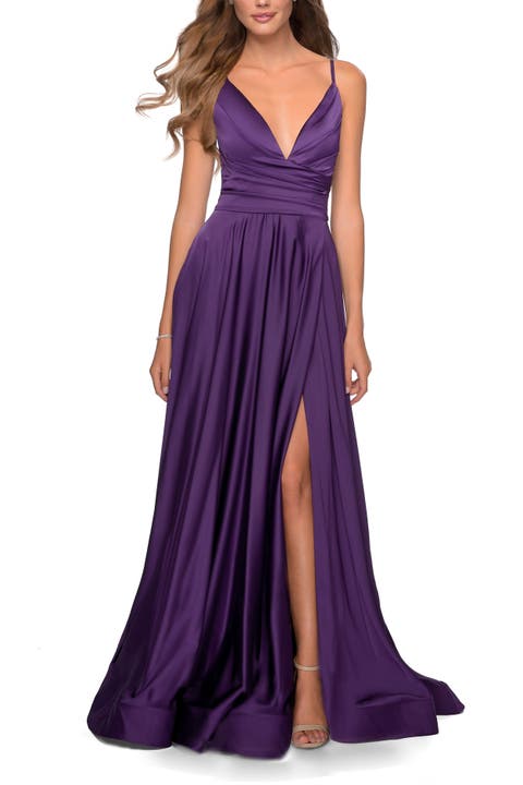 Long Satin Dress with Side Slit and V Shaped Back