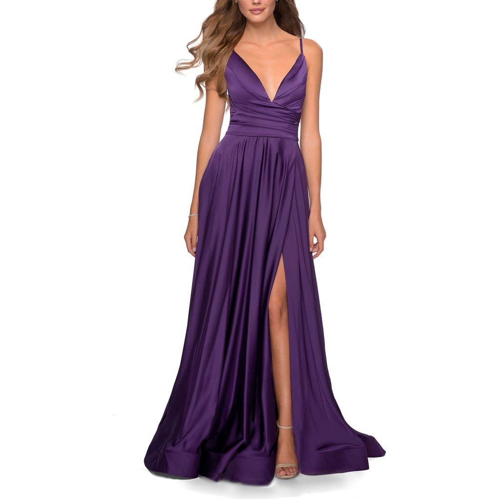 La Femme Long Satin Dress With Side Slit And V Shaped Back In Royal Purple