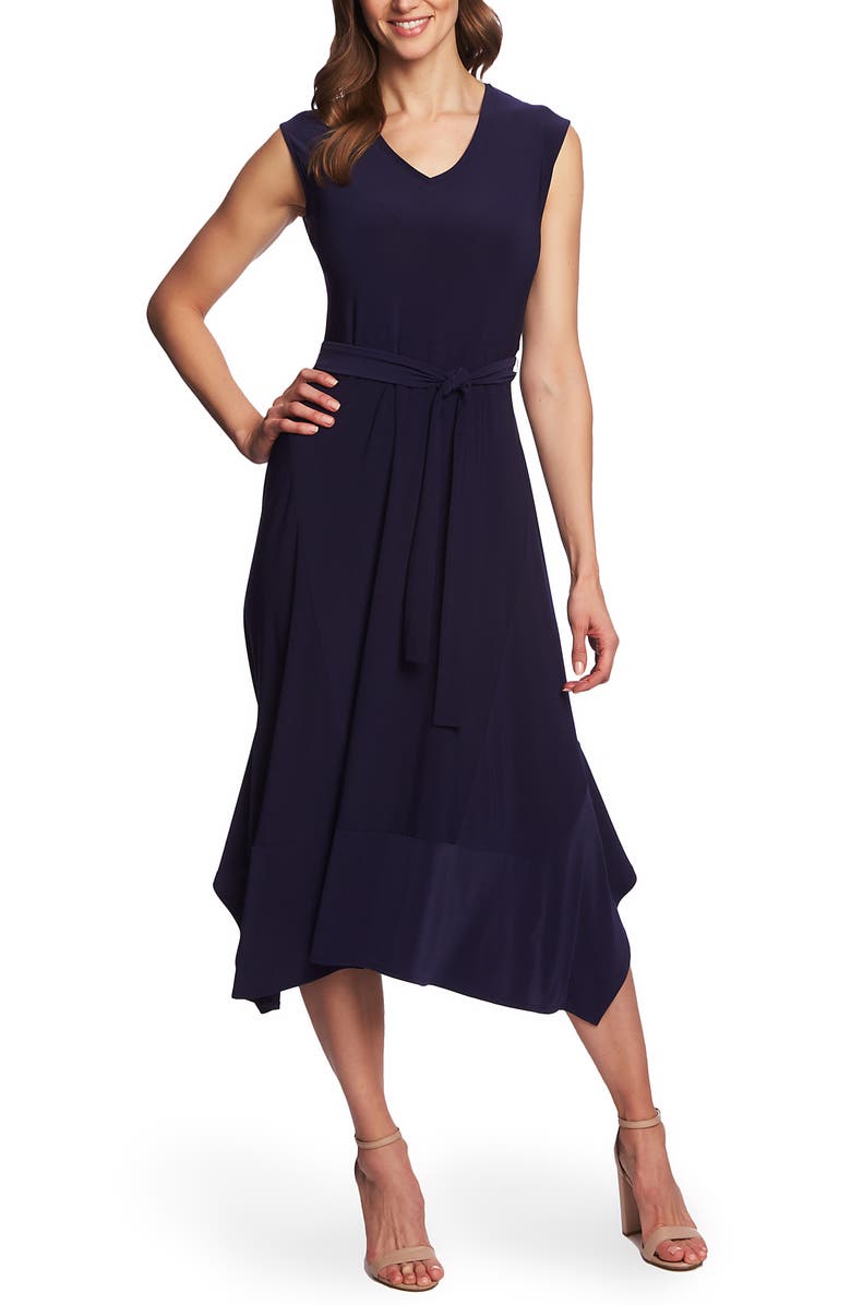 Chaus Tie Waist Handkerchief Hem Midi Dress, Main, color, 