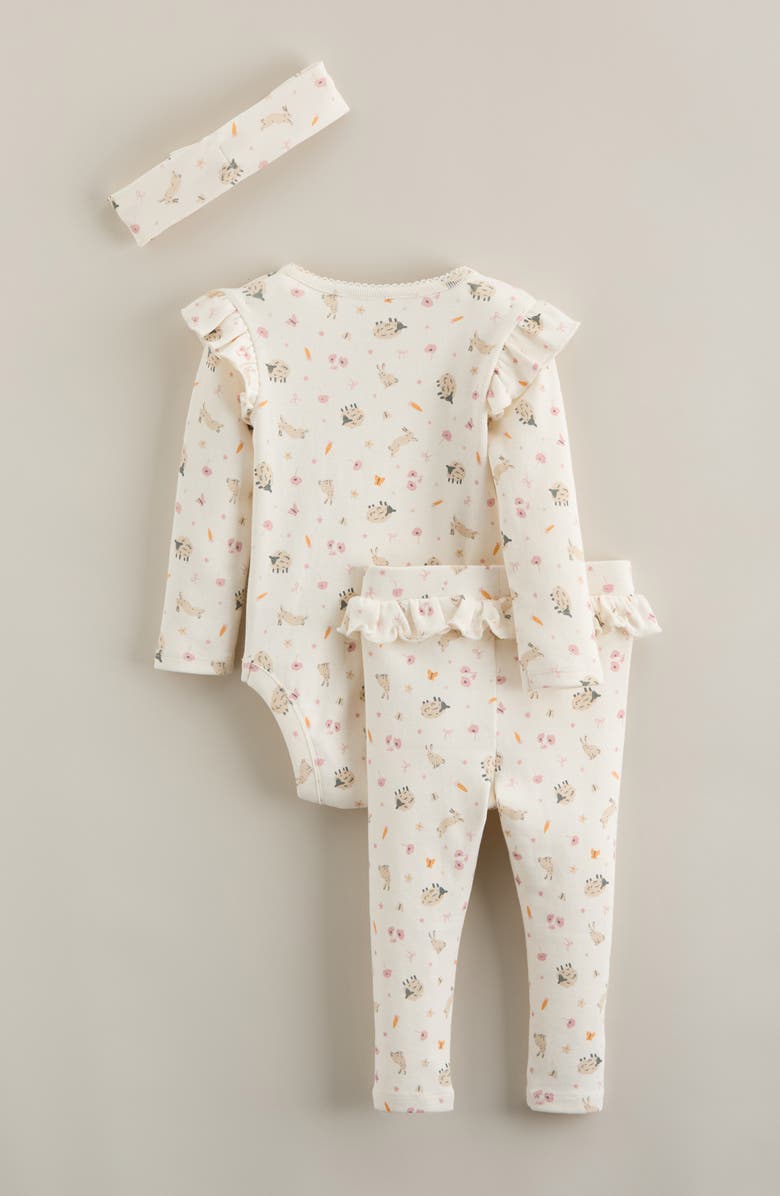 Nordstrom Flutter Bodysuit, Pants & Headband Set, Alternate, color, Ivory Egret Springtime Friends