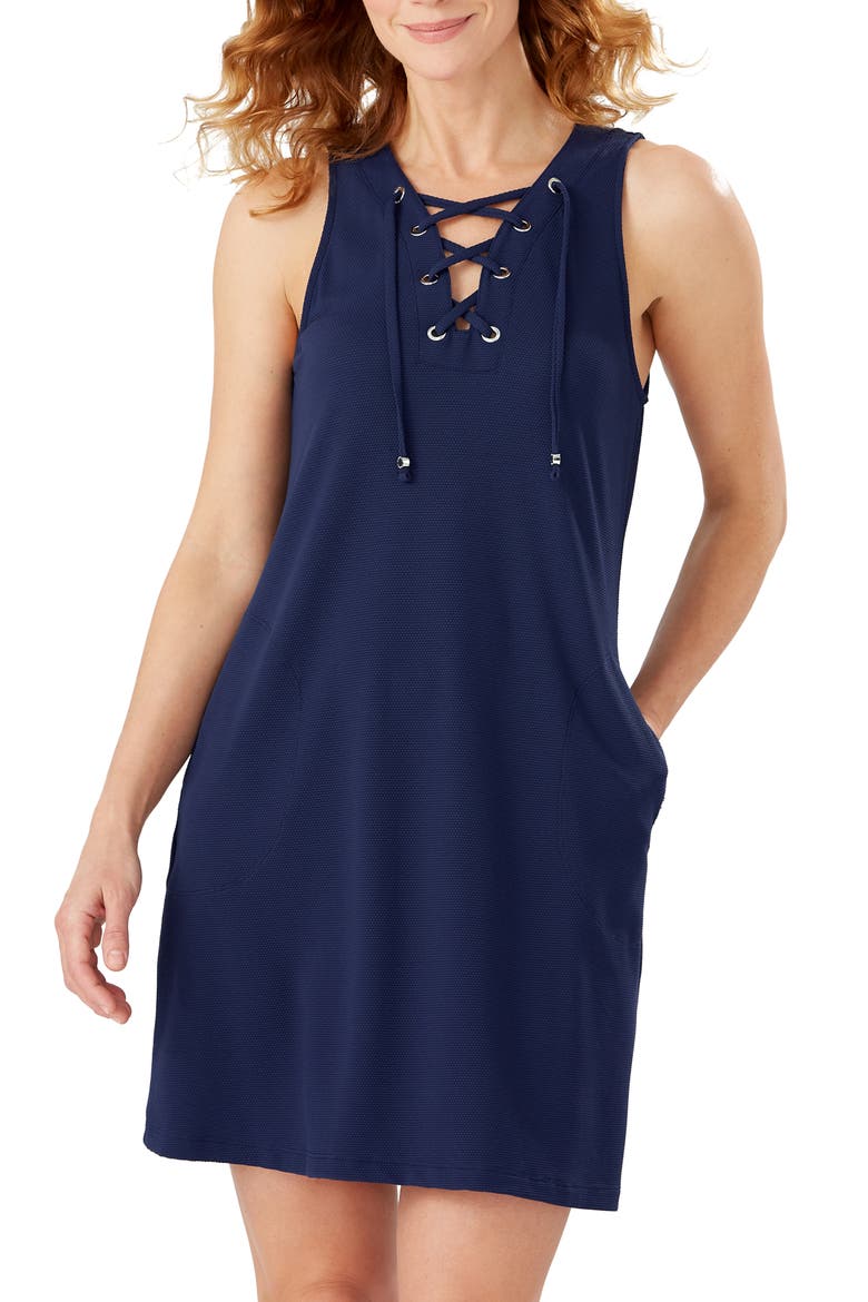 Colorblock Lace-Up Cover-Up Dress, Main, color, AZURE BLUE