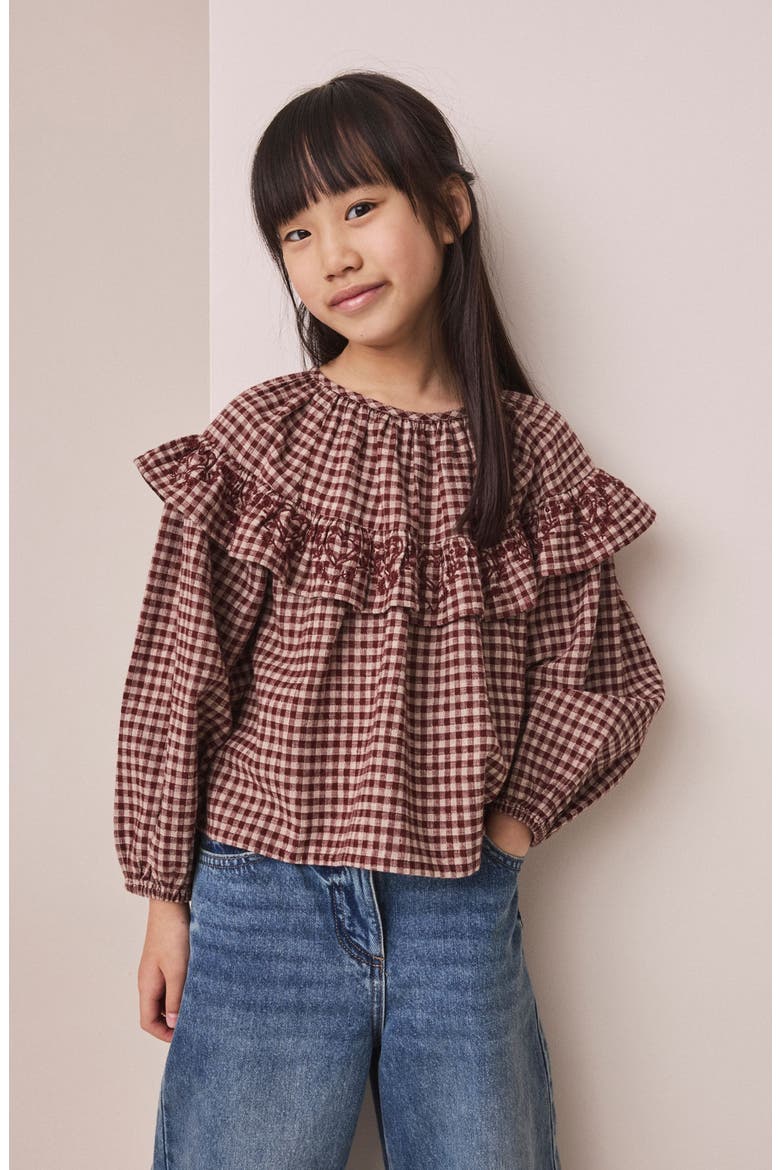 Kids' Check Embroidered Ruffle Blouse, Alternate, color, BROWN