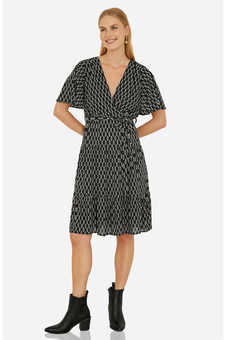Short Sleeve Tie Waist Midi Skater Dress, Main, color, Black