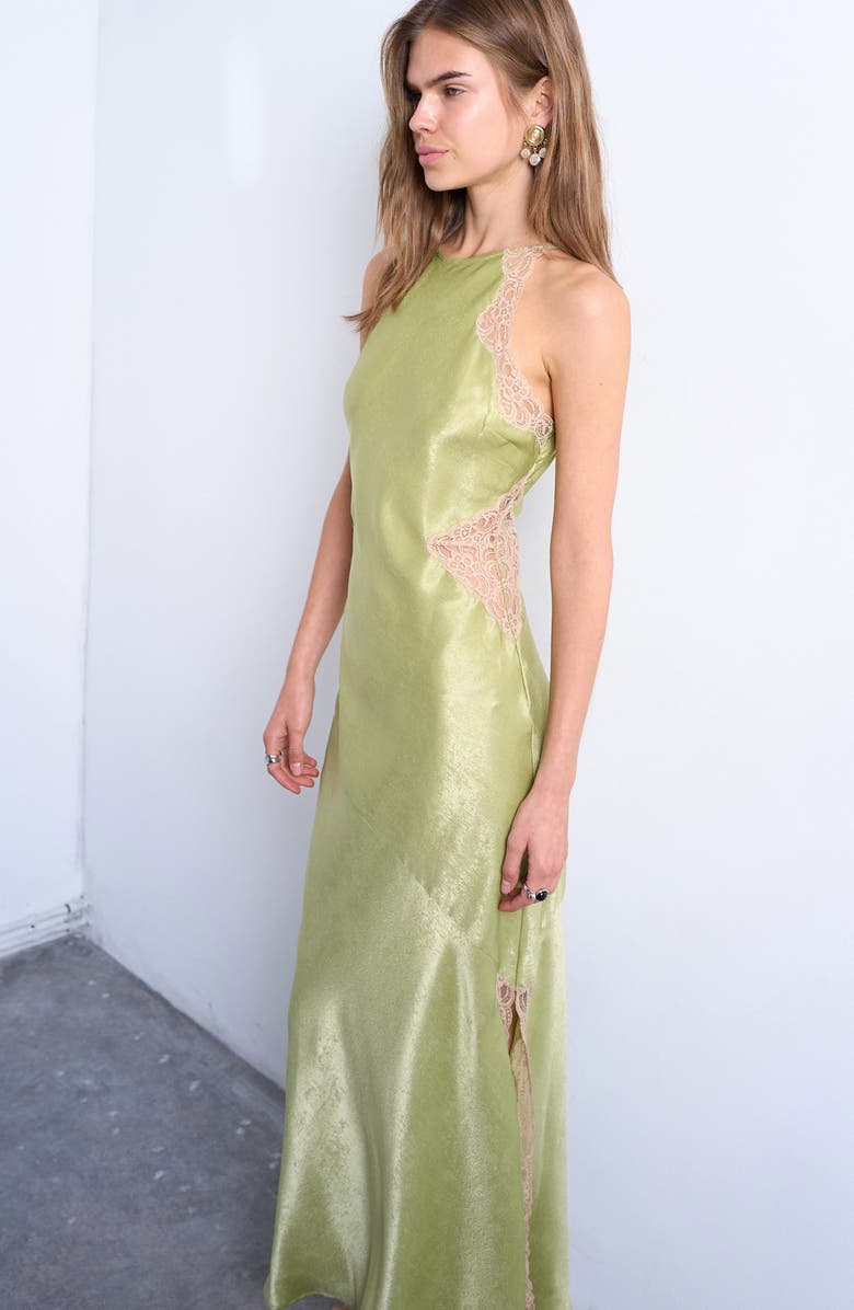 Topshop Lace Inset Sleeveless Satin Midi Dress, Alternate, color, Avocado