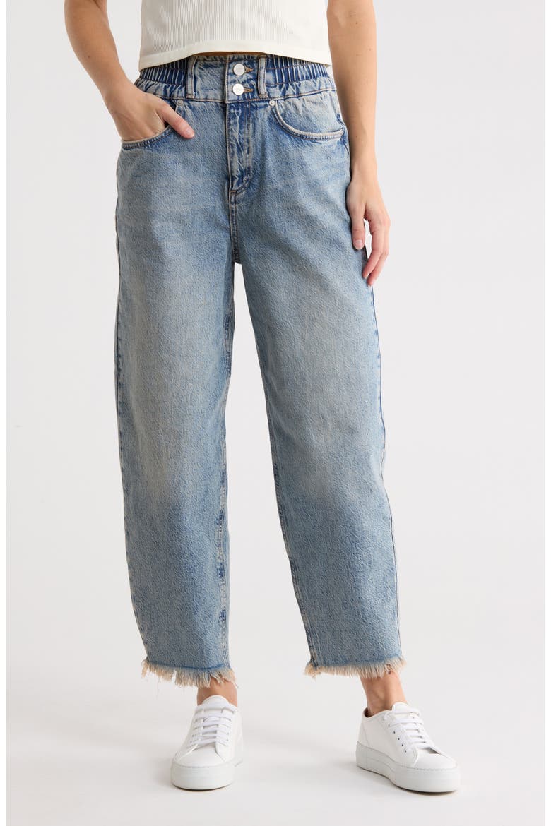 Hailey Fray Hem Barrel Leg Jeans, Main, color, MID INDIGO