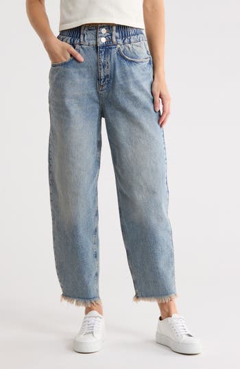AllSaints Hailey Fray Hem Barrel Leg Jeans in Mid Indigo at Nordstrom Rack, Size 2